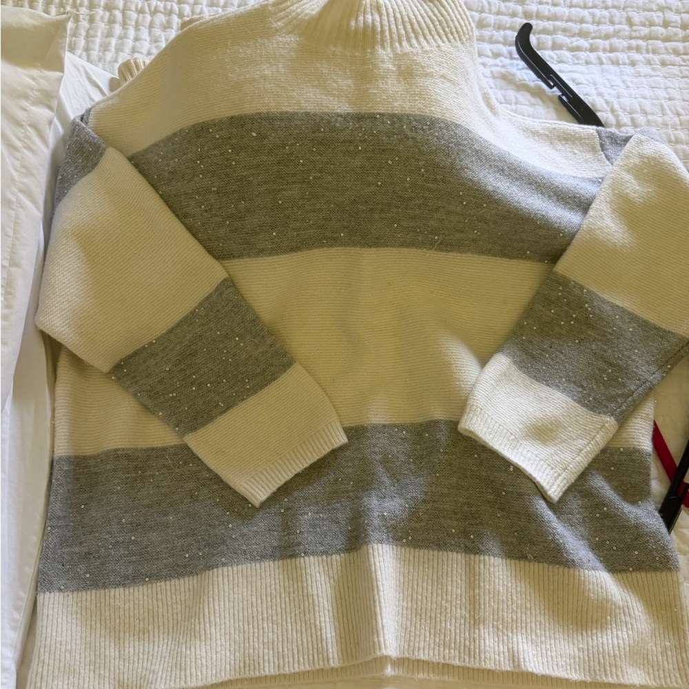 Talbots Cream and Gray Metallic-Thread Striped Turtleneck Sweater